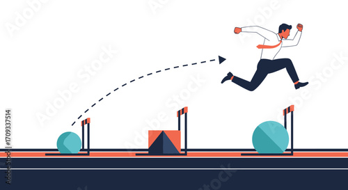 A businessman jumps over hurdles on a track representing challenges and progress.