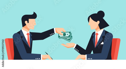 Business partners exchanging money during a meeting for a financial transaction.