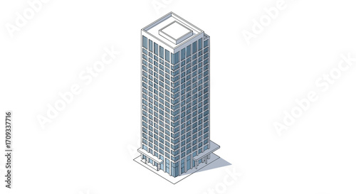 A modern tall glass office building with many windows and a rooftop.
