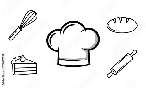 Culinary tools and baking equipment icons, isolated on white background chefs hat, whisk, bread, rolling pin, and cake slice for bakery or cooking themes
