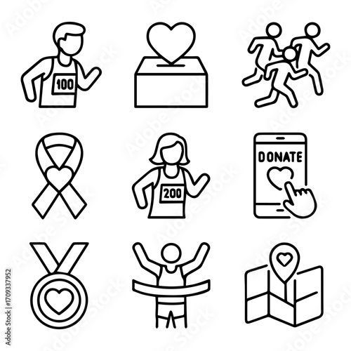 Charity Run Icons Marathon Donation Box Ribbon Medal and Mobile Giving.