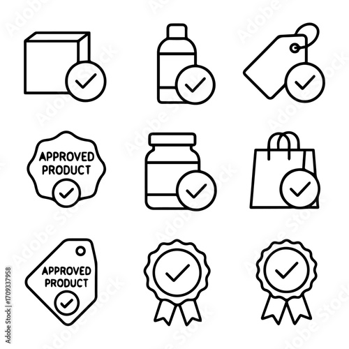 Collection of Approved Product Icons with Checkmarks.