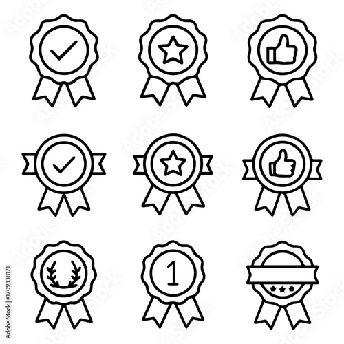 Collection of Award Badges with Various Symbols and Ribbons Black Outline Style.