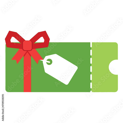 Illustration of a green gift card with a red bow and a white tag isolated on white background, perfect for holiday promotions and special offers