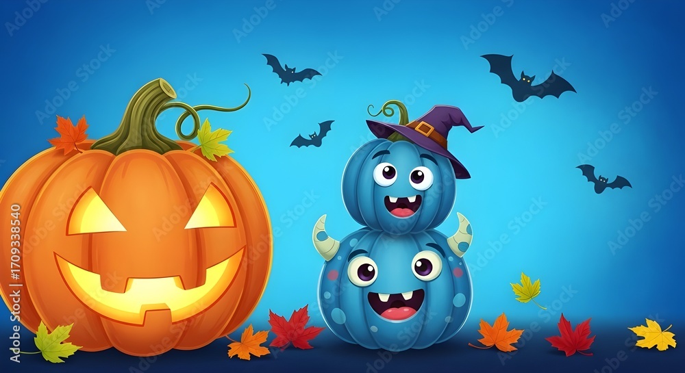 Fototapeta premium Fun Cartoon Halloween Pumpkins & Monsters - Spooky Cute Characters, Kids Party, Festive Decoration