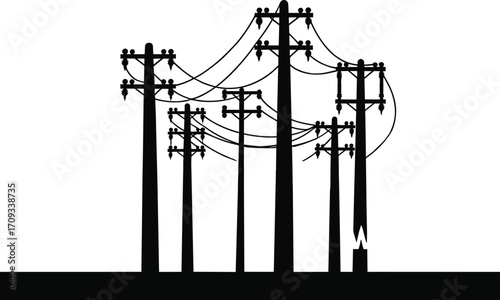 Silhouette of utility poles with electrical wires, power lines network, infrastructure maintenance, urban and rural electricity distribution, damaged pole, energy supply, industrial landscape,