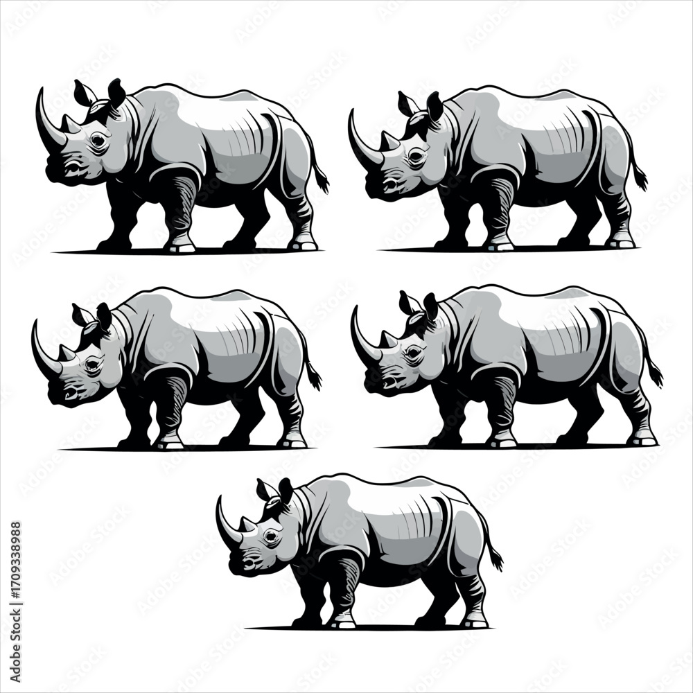 Fototapeta premium Vector art of group of rhinos in black and white vector illustration