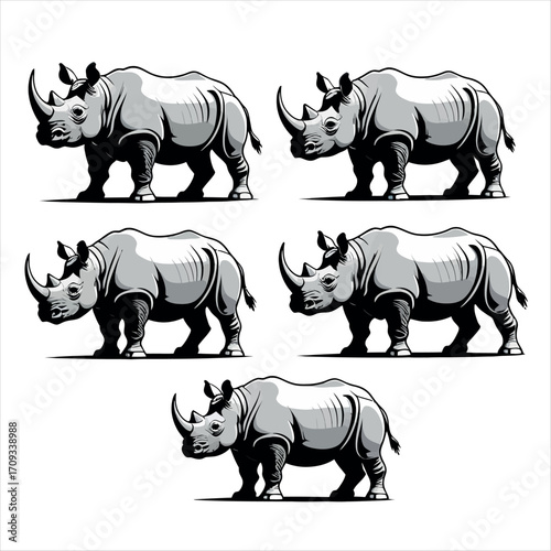 Vector art of group of rhinos in black and white vector illustration