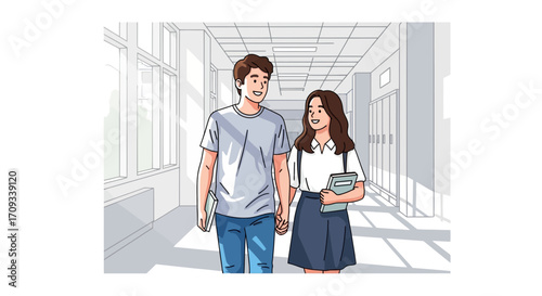Young couple holding hands walking hallway.