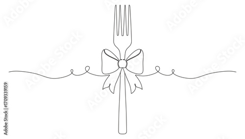 continuous line art of a fork tied with a ribbon. this icon is for a sticker or banner and a restaurant logo