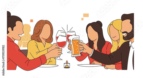Group of happy friends celebrating together with a toast of wine and beer at a restaurant table. Vector illustration of a festive dinner party concept