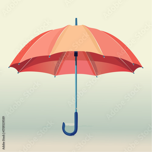 A coral-peach umbrella, closed, stands against a muted background.