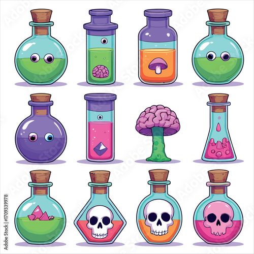Vector art of collection of colorful magic potion bottles