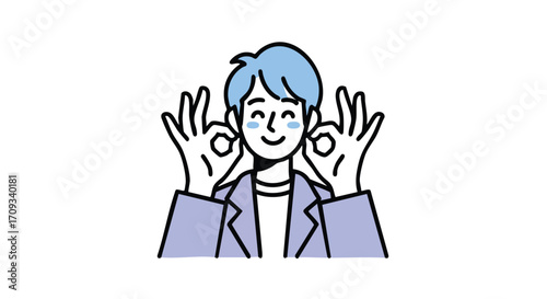 Happy young professional gives the OK sign with both hands, perfect for positive feedback promotions