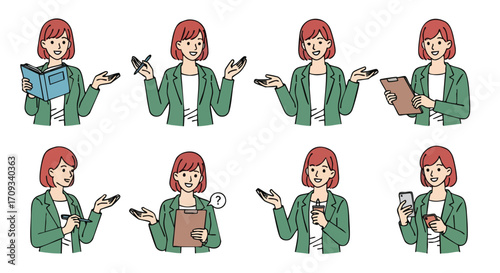 Dynamic professional woman showcasing diverse business actions and communication styles, perfect for presentations.