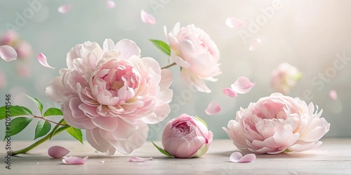 Delicate Pink Peonies in Gentle Motion with Falling Petals, a Serene and Elegant Floral Display