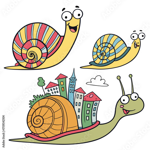 Illustration of three snails with different shells cute cartoon snail with city on shell funny snail character