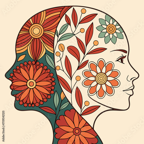 Illustration of two faces intertwined with floral patterns, symbolizing duality and inner harmony, with warm earth tones and intricate botanical details