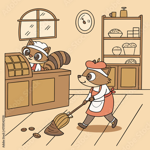 Vector art of a charming illustration of a raccoon bakery scene, featuring a raccoon sweeping the floor and another raccoon working at the counter, creating a delightful atmosphere
