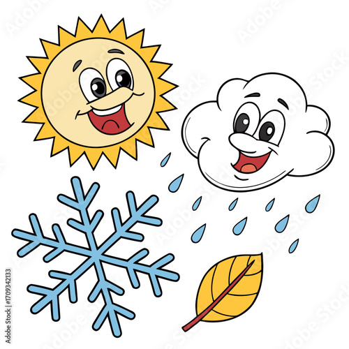Illustration of four seasons with smiling sun, cloud with rain, snowflake and leaf cute cartoon weather icons