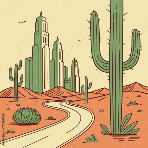 Vector art of a desert landscape with a winding road leading to a city skyline, featuring cacti and desert vegetation in a stylized, minimalist illustration with warm tones