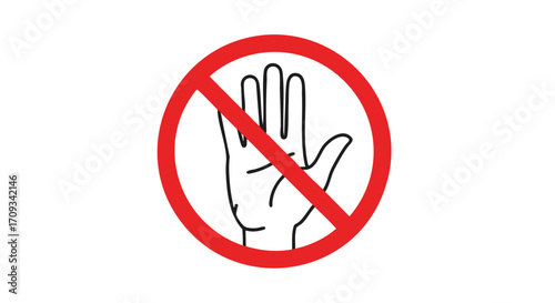 Stop hand gesture with a red circle and slash symbol for warnings and prohibitions concepts