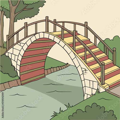 Vector art of a charming illustration of a stone bridge over a river, showcasing its architectural details and serene setting with a touch of artistic flair and vibrant colors