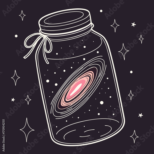 Vector art of a captivating galaxy in a jar, a cosmic wonder, stars, and a delicate bow, creating a magical and enchanting scene, perfect for adding a touch of celestial charm