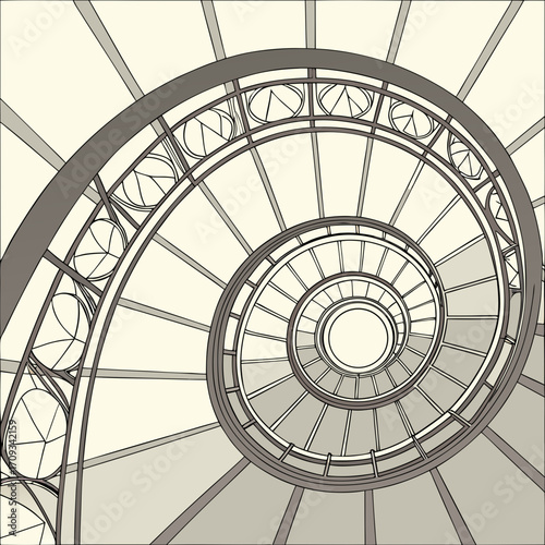 Vector art of a captivating low angle shot of a spiral staircase with intricate metalwork, creating a mesmerizing geometric pattern