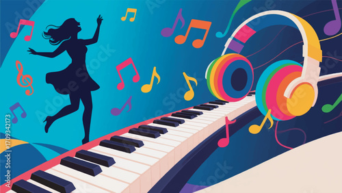 Illustration Of A Curved Piano With A Silhouette Of A Woman Dancing Vector Design Template