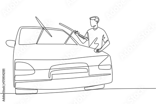Single continuous line drawing a man holds a car wiper with both hands. Checking everything important to keep it working. Service. National Check Your Wipers Day. One line design vector illustration