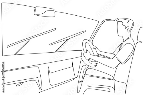Continuous one line drawing a young man driving a car and turning on the wipers. Driving in bad weather. Must stay focused. National Check Your Wipers Day. Single line draw design vector illustration