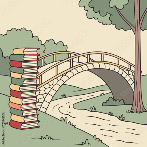 Vector art of a whimsical illustration of a bridge over a river next to a stack of books in a park, creating a charming and imaginative scene with a touch of literary magic