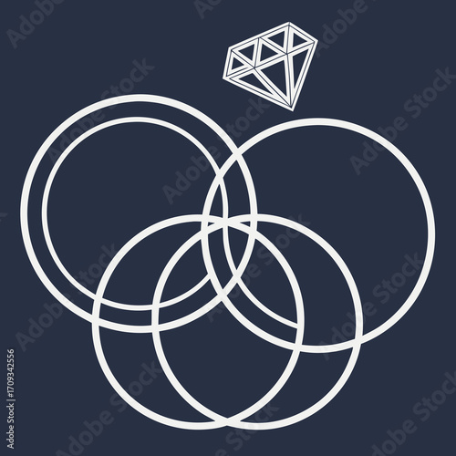 Vector art of elegant wedding rings design with diamond in white color on dark blue background, a symbol of love and commitment, perfect for invitations and decorations