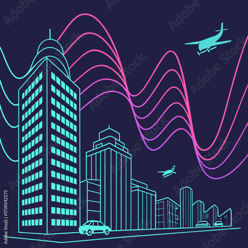 Vector art of futuristic cityscape illustration with neon lines, capturing the essence of modern architecture and urban life, a vibrant and dynamic design