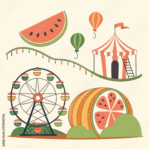 Vector art of playful carnival illustration with watermelon slice, hot air balloons, circus tent, ferris wheel, and watermelon a fun and colorful design