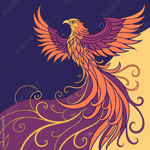 Vector art of majestic phoenix illustration with vibrant orange and purple plumage, symbolizing renewal and strength a captivating design perfect for fantasy themes