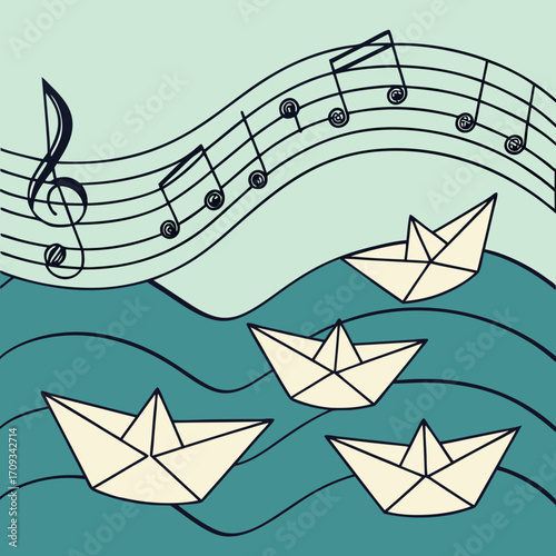 Vector art of paper boats float on the waves to the music notes, a whimsical illustration of childhood dreams and nautical adventures