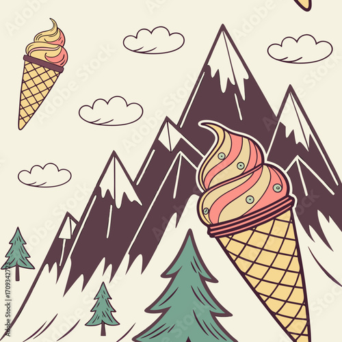 Vector art of seamless pattern with ice cream cones and mountains cute summer background with dessert and nature elements vector illustration for textile, wallpaper, and fabric