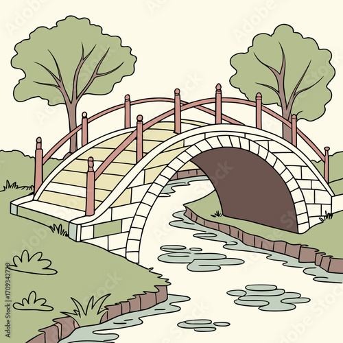 Vector art of serene illustration of an arched bridge over a stream, surrounded by lush greenery, creating a peaceful and scenic landscape