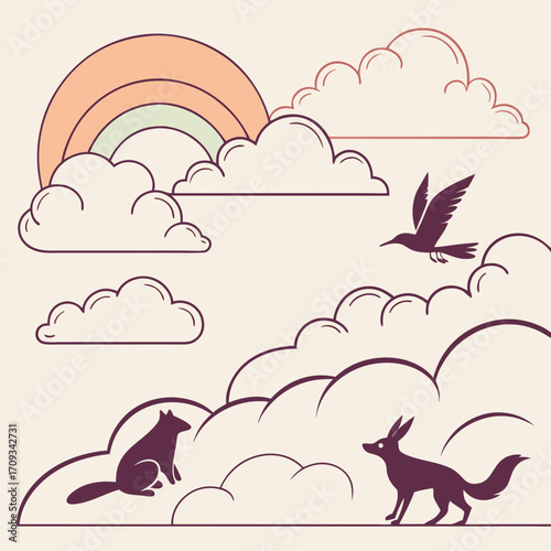 Vector art of serene illustration of a bird flying amidst clouds, with a rainbow, and foxes resting, creating a peaceful and dreamy atmosphere