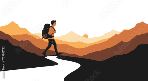 Embrace the call of the wild with this vibrant illustration of a backpacker trekking through a stunning mountain panorama, symbolizing exploration, freedom, and the natural world's allure