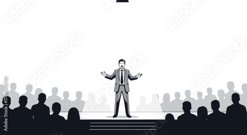 A confident businessman delivering a presentation on a stage to an attentive audience, symbolizing public speaking and corporate events