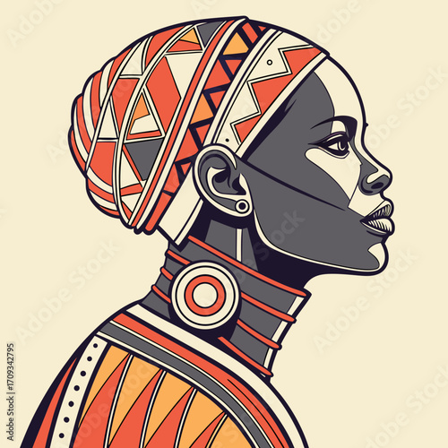 Vector art of striking portrait of an african woman, adorned with traditional tribal patterns and vibrant colors, showcasing cultural heritage and beauty