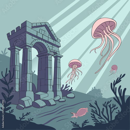 Vector art of underwater scene with ancient ruins, jellyfish, and fish swimming in the sea, creating a serene and mysterious atmosphere, perfect for ocean exploration