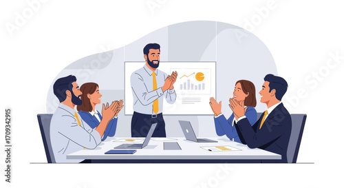Corporate colleagues celebrating a successful project with enthusiastic applause during a team meeting, showing appreciation and teamwork