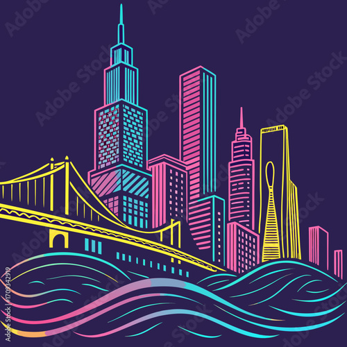 Vector art of vibrant cityscape illustration featuring stylized buildings and a bridge in neon colors against a dark background, creating a modern and eyecatching design