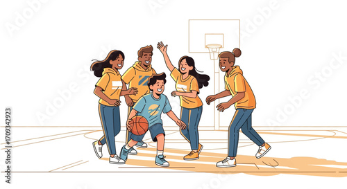 Diverse group of young people celebrating a successful basketball play on a court, teamwork and camaraderie