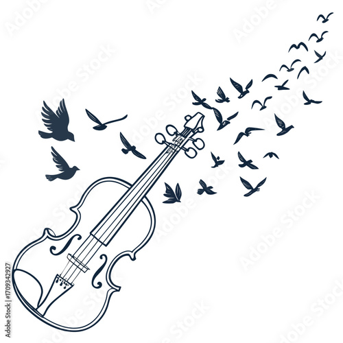 Vector art of violin with birds flying away symbolic illustration of music and freedom, perfect for posters, album art, or creative projects