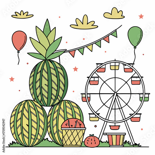 Vector art of whimsical carnival illustration featuring watermelons, pineapple, ferris wheel, balloons, and clouds a fun and colorful design for summer